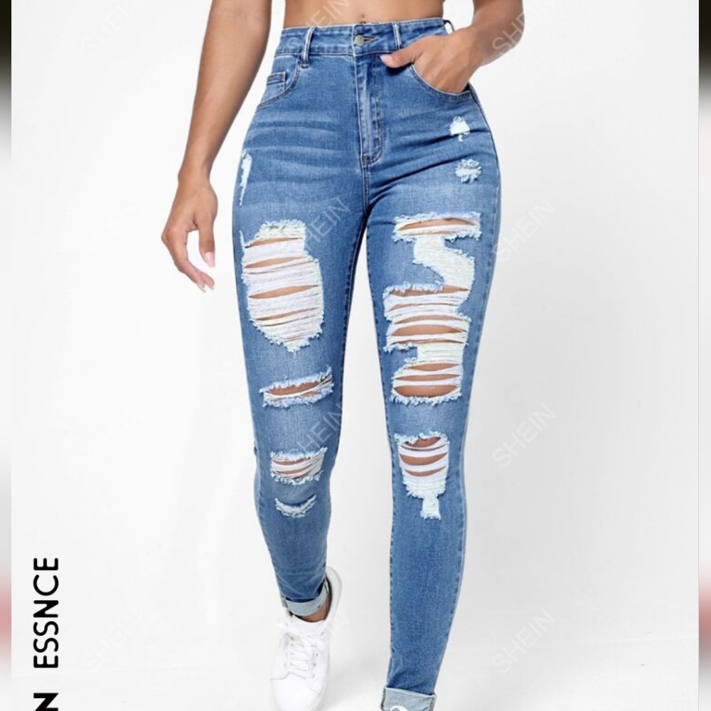SHEIN Skinny Blue Distressed Denim Jeans